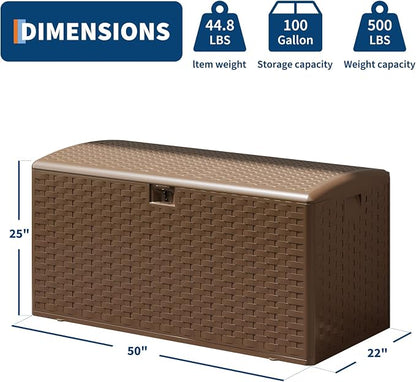 IDEALHOUSE 100 Gallon Resin Deck Box, Waterproof Outdoor Storage Box with Lockable Lid & UV Resistant, Patio Furniture Cushion Storage Container for Garden, Backyard, Poolside (Brown)