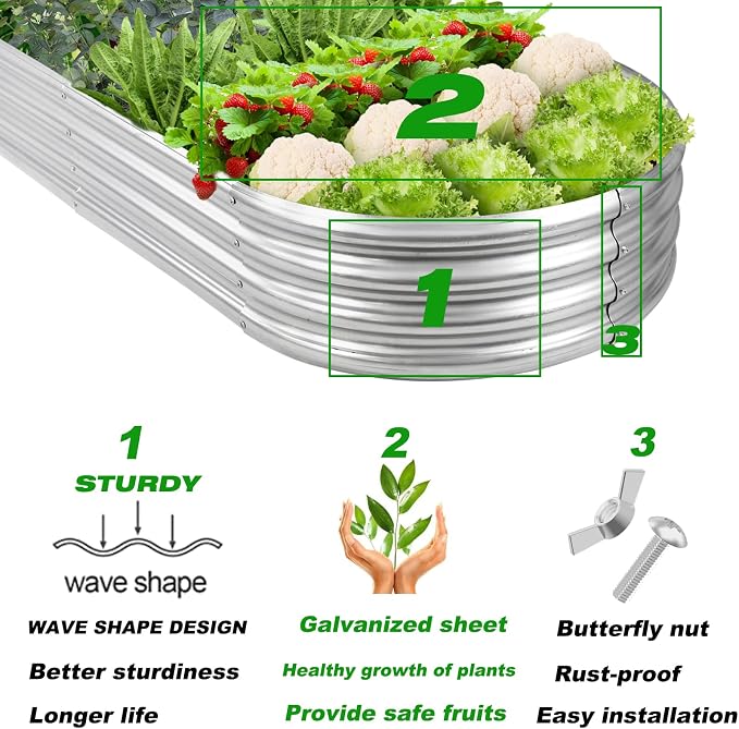 Rakukiri Raised Garden Bed GRS Certified Galvanized Planter Box Outdoor, 8ft Oval Rot-Resistant Metal Garden Bed Planter, Recycled Material Planter for Vegetables Flowers Herbs (Silver)