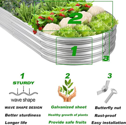 Rakukiri Raised Garden Bed GRS Certified Galvanized Planter Box Outdoor, 8ft Oval Rot-Resistant Metal Garden Bed Planter, Recycled Material Planter for Vegetables Flowers Herbs (Silver)