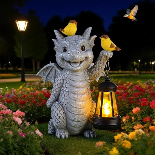 Solar Dragon Garden Statue with Lantern and Birds – Resin Dinosaur Figurine with LED Light for Yard, Outdoor Decor, Gifts for Mom, Women (Dragon)