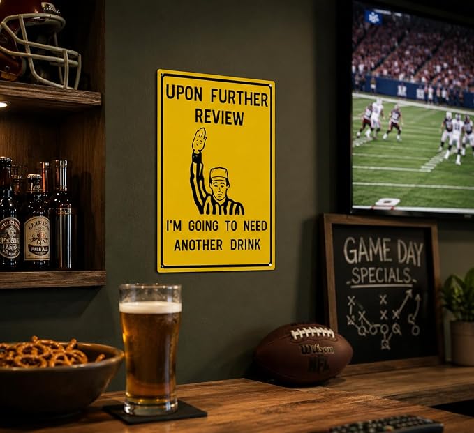 Upon Further Review Funny Football Referee Metal Sign, Sports Bar Humor Wall Decor, Retro Bar Cart Themed Plaque for Man Cave Home Bar Garage Game Room Basement Decor 8x12 Inch
