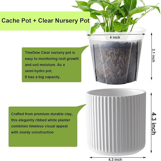 2 Pack of 4in Ceramic Cachepot with 4 inch Clear nusery Pot - self Watering Indoor Planter with Drainage for Root Visibility,semi Hydro pots for repotting Succulent,White