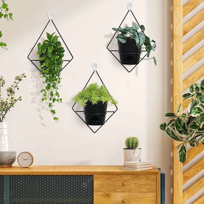 Koalaime 3 Sets Wall Planters for Indoor Plants Geometric Hanging Planters for Indoor Plants - Self-Watering Flower Pots with Black Metal Holder, Mounted Succulent Planter, 5" Black Plant Pot