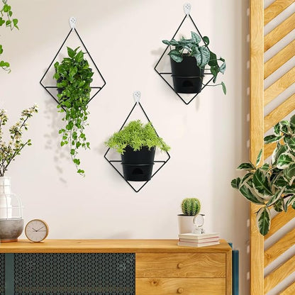 Koalaime 3 Sets Wall Planters for Indoor Plants Geometric Hanging Planters for Indoor Plants - Self-Watering Flower Pots with Black Metal Holder, Mounted Succulent Planter, 5" Black Plant Pot