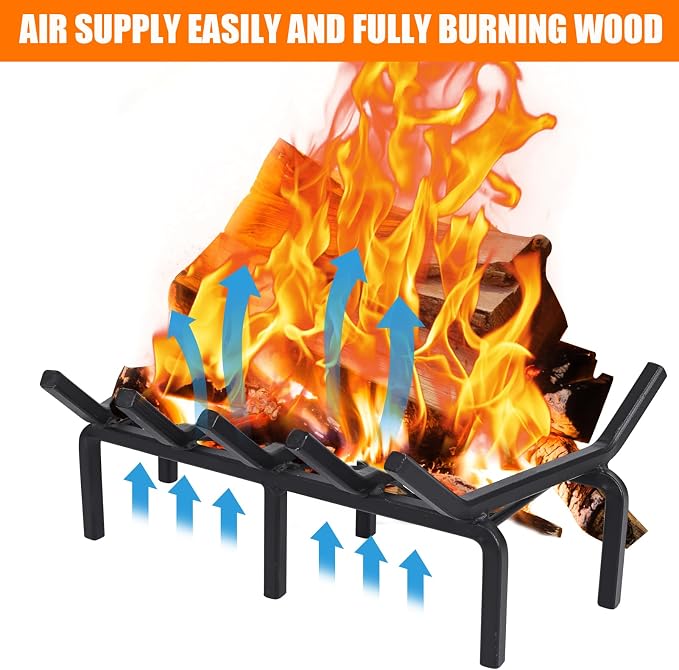17 Inch Fireplace Grate with Ember Retainer,Cast Iron Fireplace Log Grate,Fireplace Log Holder,Heavy Duty Solid Steel Fireplace Wood Holder,Wood Stove Wrought Rack for Indoor Hearth Outdoor Fireplace