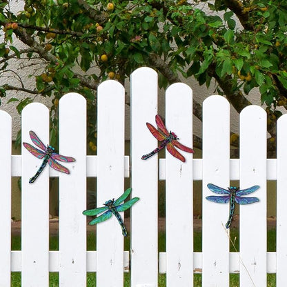 dreamskip Metal Dragonfly Wall Decor Art, 4 Pack Colorful Metal Dragonflies Outdoor Wall Art, Hand Painted Outdoor Wall Decor For Garden, Yard, Fence, Patio, Outside, Living Room Decoration