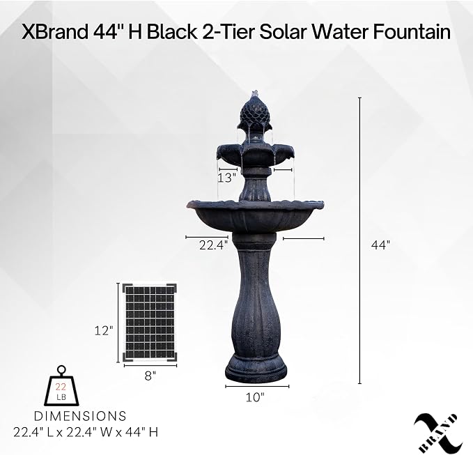 XBrand 44" Solar Powered Outdoor Fountain, Elegant 2-Tier Cascading Water Feature, Fiberglass Resin Garden & Patio Fountain with Solar Panel - Black