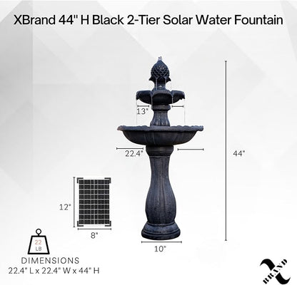 XBrand 44" Solar Powered Outdoor Fountain, Elegant 2-Tier Cascading Water Feature, Fiberglass Resin Garden & Patio Fountain with Solar Panel - Black