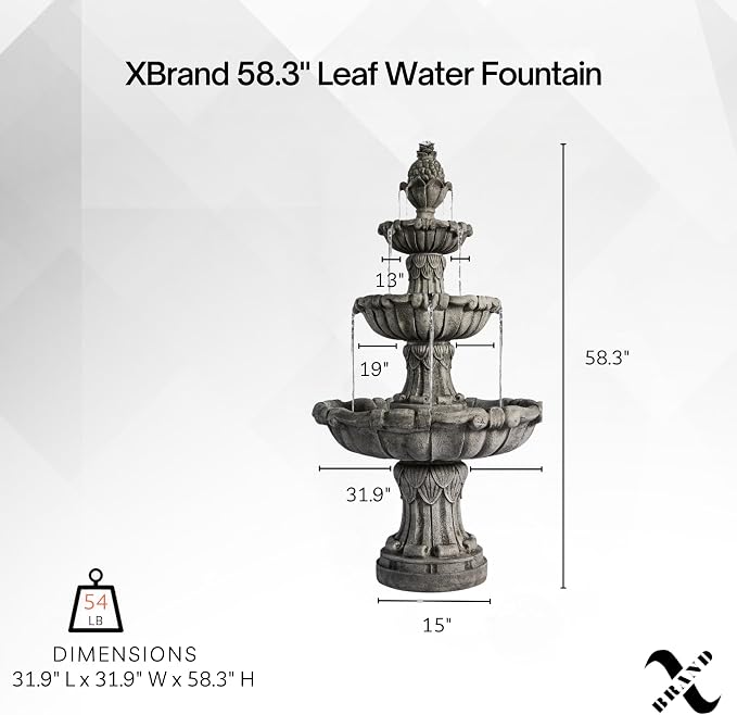 XBrand Large Outdoor Electric Bird Bath Fountain 58.3", 3-Tier Garden Water Fountain with Pump, Classic Leaf Design, Gray Resin Floor Fountain for Yard, Lawn, Patio & Porch