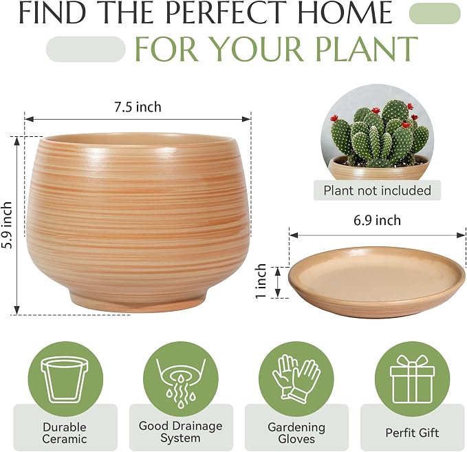 7.5 Inch Flower pots for Indoor Outdoor Plants with Saucer Drainage Leak-Proof Mesh, Ceramic Planter with Gardening Gloves for Succulent and Flower(Khaki Striated)