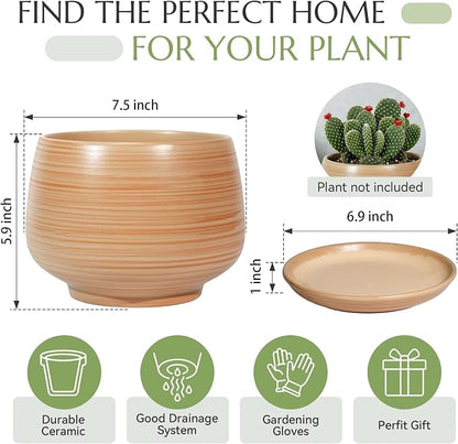 7.5 Inch Flower pots for Indoor Outdoor Plants with Saucer Drainage Leak-Proof Mesh, Ceramic Planter with Gardening Gloves for Succulent and Flower(Khaki Striated)