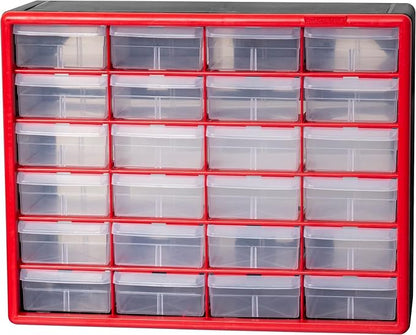 Akro-Mils 24-Drawer Plastic Drawer Storage Cabinet for Garage Organization, Bead Organizer, Building Bricks Storage, Teacher Toolbox, Makeup Organizer, 20-Inch W x 6-Inch D x 16-Inch H, 10124 Red