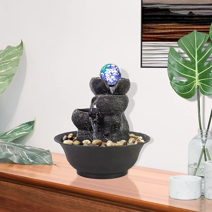 Ferrisland Indoor Tabletop Water Fountain, Desktop & Table Waterfall Fountains, Relaxation Fengshui Home Decor with LED Light for Home Office Bedroom House Warming Gift Idea (Three Stairs)