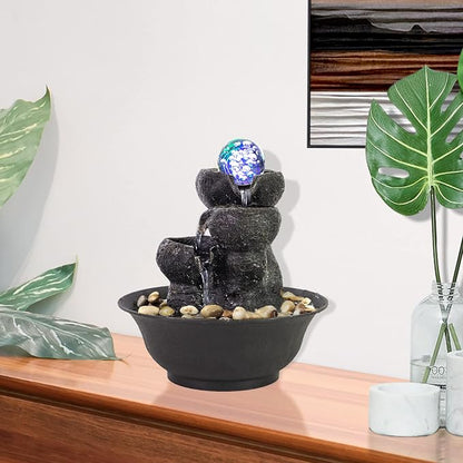 Ferrisland Indoor Tabletop Water Fountain, Desktop & Table Waterfall Fountains, Relaxation Fengshui Home Decor with LED Light for Home Office Bedroom House Warming Gift Idea (Three Stairs)