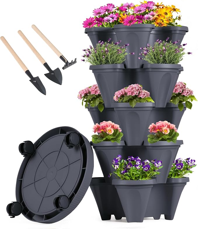 GameXcel Vertical Planter Tower - 5 Tier Stackable Garden Planters with Wheels and Tools Plant Pots for Strawberry Herb Flower and Vegetable Indoor Outdoor Use Dark Gray