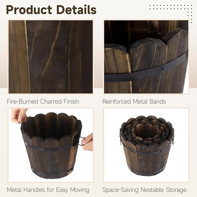 4 PCS Wooden Whiskey Barrel Planters, Wavy Edge Rustic Bucket Flower Pots with Metal Handles, Round Garden Accessory for Succulents Flowers Veggies, Outdoor Indoor Home Porch Yard Container