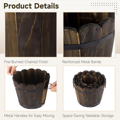 4 PCS Wooden Whiskey Barrel Planters, Wavy Edge Rustic Bucket Flower Pots with Metal Handles, Round Garden Accessory for Succulents Flowers Veggies, Outdoor Indoor Home Porch Yard Container