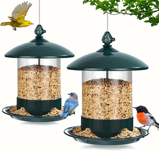 Metal Bird Feeders for Outdoors Hanging, Weather Resistant Wild Bird Feeder with 360 Degree Feeding Tray, Green, 2 Pack