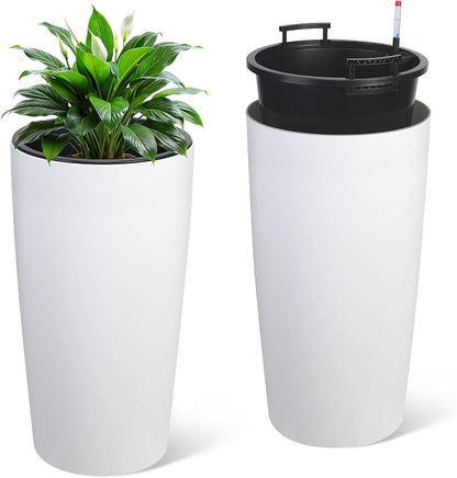 GarveeLife 30 in Tall Planters for Outdoor Plants Set of 2, Large Outdoor Planters for Front Porch Decor with Drainage Holes＆Water Level Monitor ＆Inner Bucket, Automatic Watering, White