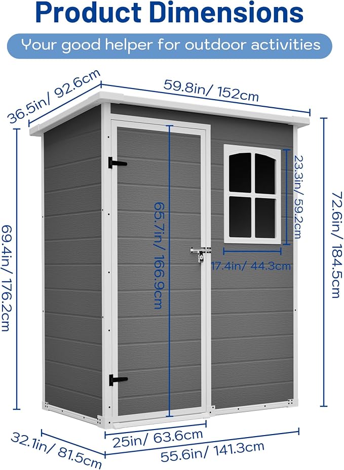 PVWIIK 5x3 ft Resin Outdoor Storage Shed with Floor & Window, Lockable Waterproof All-Weather Utility Shed for Garden Tools & Trash Bins, Gray-White