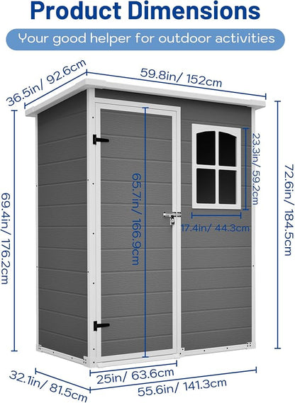 PVWIIK 5x3 ft Resin Outdoor Storage Shed with Floor & Window, Lockable Waterproof All-Weather Utility Shed for Garden Tools & Trash Bins, Gray-White