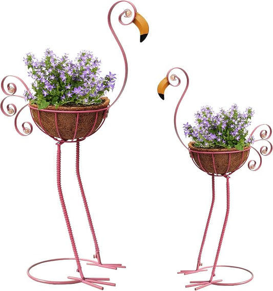 COOZZYHOUR Metal Flamingo Planter with Basket -Garden Bird Planters for Outdoor Indoor Lawn,Yard,Porch,Patio, Garden Decorations（Set of 2）