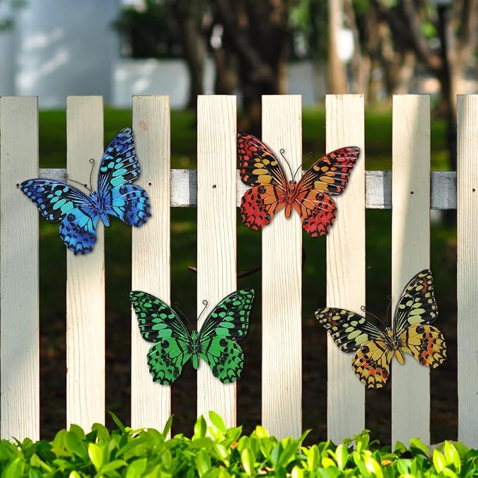 dreamskip 4 Pcs Butterfly Wall Decor Art, Butterflies Outdoor Metal Wall Art with Vivid Pattern, Hand Painted Outdoor Garden Yard Fence Patio Decor Gift for Women Mom