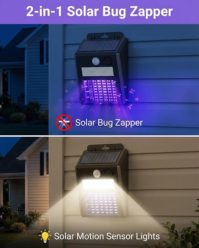 Solar Bug Zapper Outdoor - 2-in-1 Waterproof Cordless Mosquito Zapper with 3 Modes, Motion Sensor Light & UV Light, Rechargeable Mosquito Killer Lamp for Patio Yard Garden