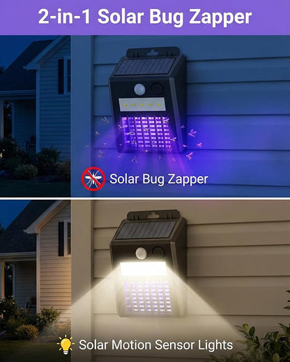 Solar Bug Zapper Outdoor - 2-in-1 Waterproof Cordless Mosquito Zapper with 3 Modes, Motion Sensor Light & UV Light, Rechargeable Mosquito Killer Lamp for Patio Yard Garden