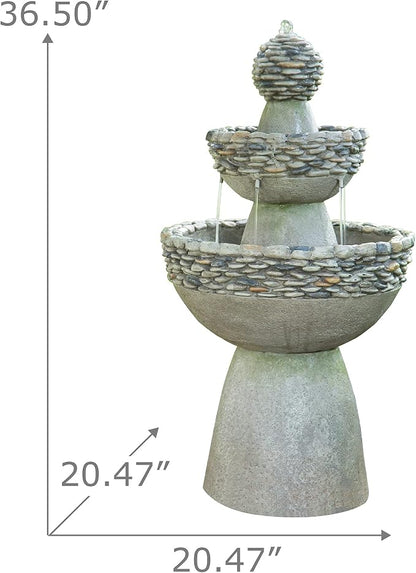 Teamson Home 36.5 in. Outdoor 3-Tier Zen-Style Pedestal Water Fountain in. with Stone Trim with Pump and 2.64 Gallon Capacity, Stone Gray | 3-Tier Garden Fountain, Stone Look, With Pump, Pedestal Waterfall Feature