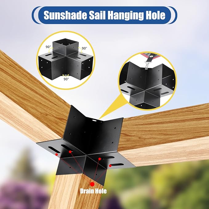4 Pcs 4"x4" Pergola Brackets(Actual:3.6"x3.6") with 4 Pcs Post Base | 3 Way 90° Right Angle Corner Bracket|DIY Pergola Kit Support Patio Log Cabin Outdoor