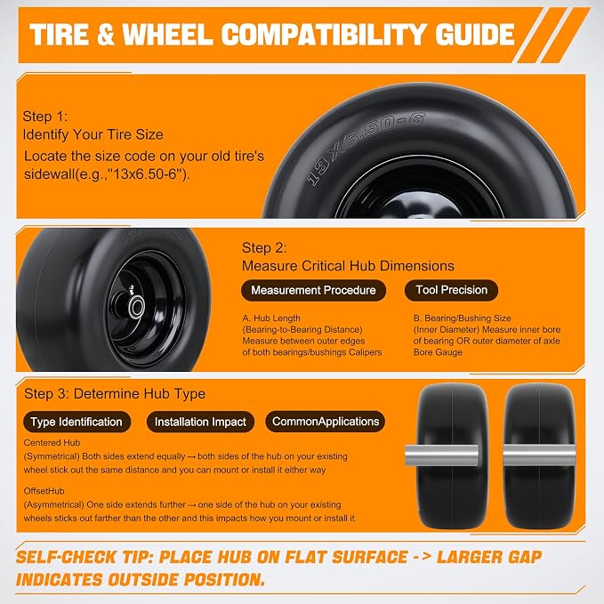 Yesker 13x6.50-6 Flat Free Lawn Mower Tire and Wheel Assembly with 3/4" Bearing Bore, 13x6.50-6nhs Solid Riding Lawnmower Tires with 3.25" Center Hub, 2 Pack
