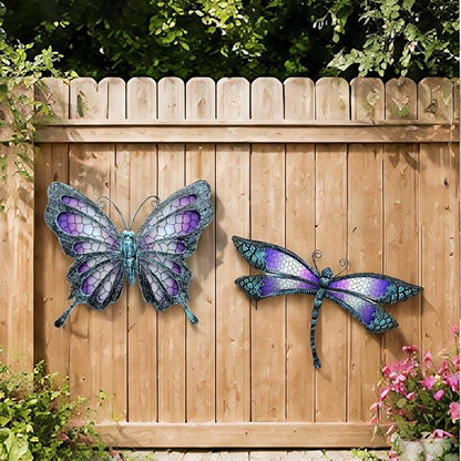 Metal Butterfly & Dragonfly Outdoor Wall Decor Art Set of 2 | Glass & metal wall sculptures, metal wall art for garden fence patio yard bedroom