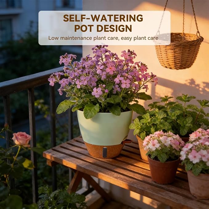 7/6.5/6/5.5/5 Inch Self Watering Pots, Plastic Flower Pots with Multi Mesh Drainage Holes and Deep Reservoir for Indoor Outdoor Garden Plants and Flowers (Green, 5/5.5/6/6.5/7/8)