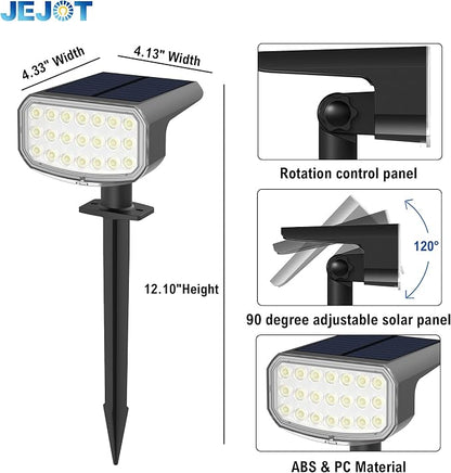 JEJOT Solar Lights Outdoor Waterproof IP65, Super Bright LED with Lens, 3000K 2 Lighting Modes, Solar Powered Yard Garden Solar Spot Lights for Outside Landscape Auto On/Off -2 Pack