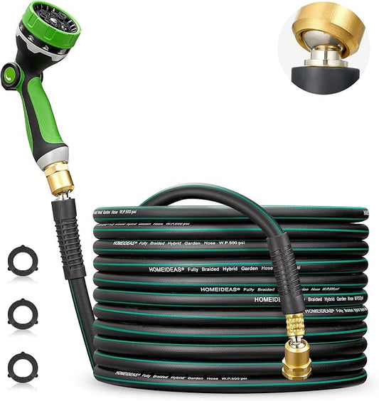 HOMEIDEAS 50 ft Rubber Garden Hose with Nozzle - Newly Leak-proof & Kink-free Design | Freely Rotational Spherical Ball Joint, Anticorrosive 3/4" Brass Fittings - Perfect for Outdoor Watering