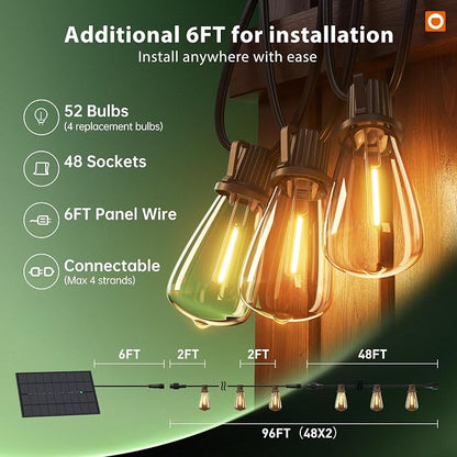 addlon 102FT(96+6) Solar String Lights Outdoor with Remote, 48 LED Dimmable Waterproof Patio Hanging Lights (2FT Bulb Spacing), Long-Lasting Solar Light for Outside, Yard, Backyard, Garden, Camping