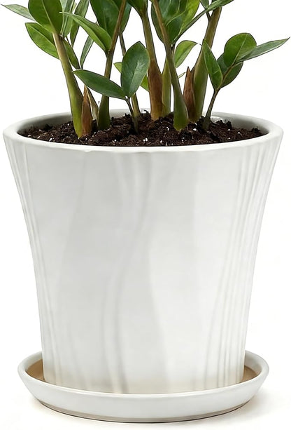 10 Inch Ceramic pots for Plants with Saucer Drainage Leak-Proof Mesh, Round Plant Pot with Gardening Gloves for Indoor Outdoor Plants (Rippled White)
