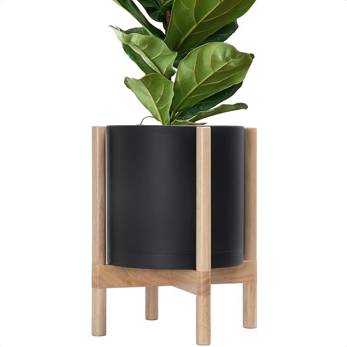 D'vine Dev Plastic Pot with Natural Wood Stand, Black, 12 in, 55-C-P-2 | Mid-Century Inspired Design, Elevated Plant Display, Clean Lines, Sturdy Support, Modern Space-Saving Style