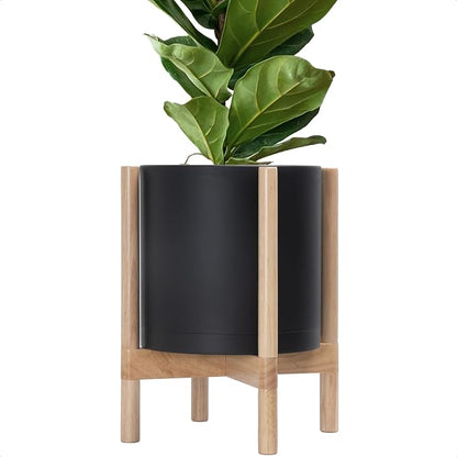 D'vine Dev Plastic Pot with Natural Wood Stand, Black, 12 in, 55-C-P-2 | Mid-Century Inspired Design, Elevated Plant Display, Clean Lines, Sturdy Support, Modern Space-Saving Style