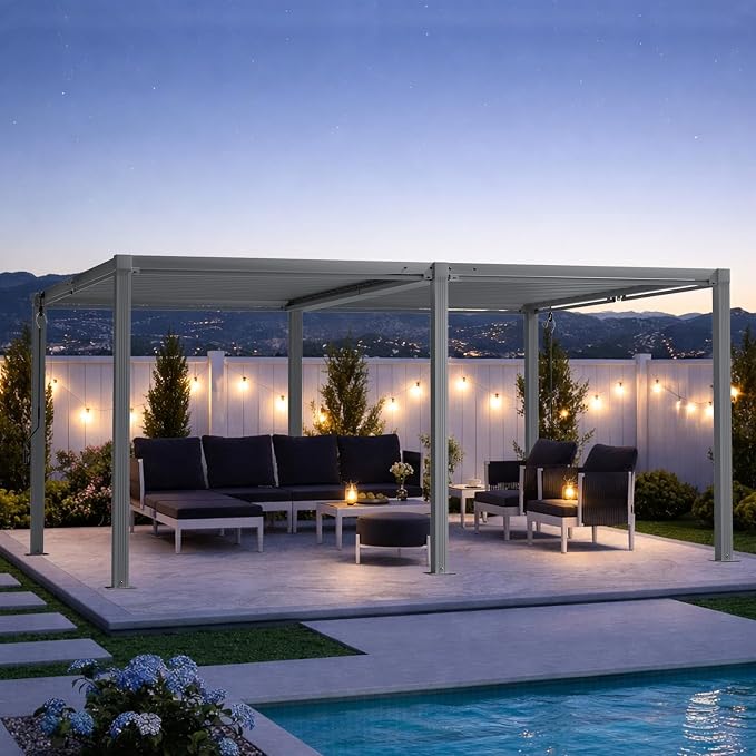 Louvered Pergola 12'x16' Outdoor Pergola with Roof, Heavy Duty Aluminum Frame, Hardtop Gazebo with Adjustable Louvers for Patio, Deck and Backyard, Gray