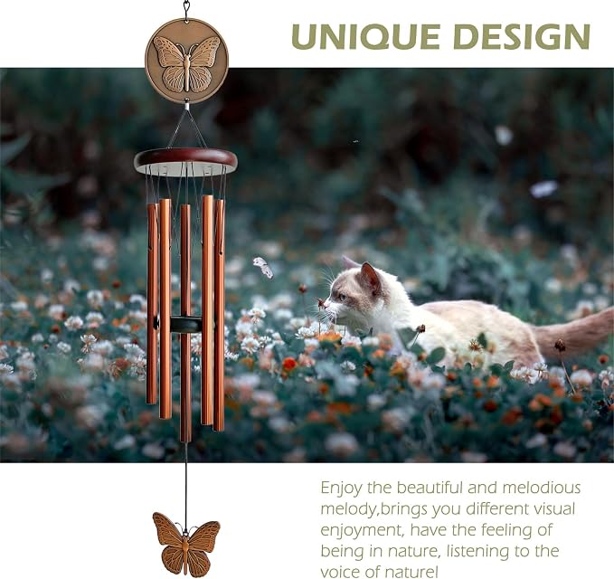 Butterfly Wind Chimes for Outside,32" Outdoor Wind Chime Butterfly Gifts for Women/Mother/Father/Christmas/Unisex,Unique Windchimes Outdoors Zen Garden Patio Home Yard Decor(Copper)