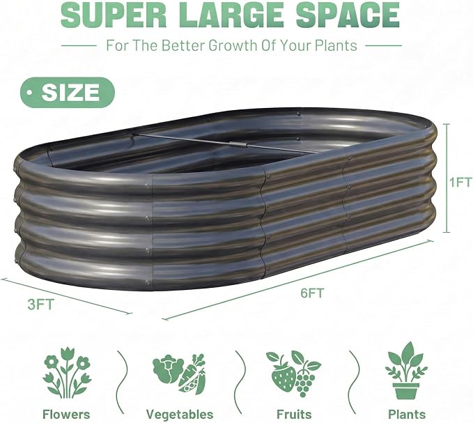 AHEONLAR 3 Pack 6×3×1ft Galvanized Raised Garden Bed, Oval Durable Planter Boxes Outdoor for Vegetables, Fruits, Flowers and Plants, Quick Assembly, Grey