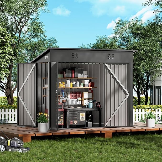 COMHOMA 8'x4' Shed Outdoor Storage,Metal Garden Tool Utility | Steel Tool Shed with Lockable Doors, Sloping Roof, and Air Vent. Perfect for Backyard, Patio, Lawn, and Poolside