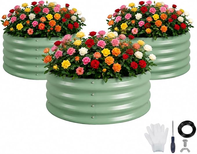 SPONVATT 3Pcs Round Galvanized Raised Garden Bed Kit 24 x 12 Inch Metal Planter Box Outdoor with Safety Rubber Edge Trim Rust Proof Weather Resistant Circular Steel Garden Beds Sage Green 12 Inch Deep