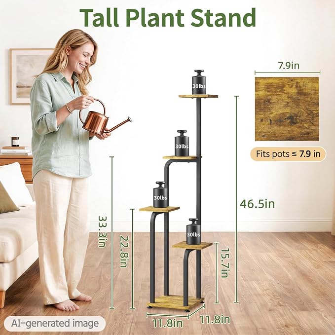 LASZOLA 5 Tiered Plant Stand Tall for Indoor Corner, Modern Multiple Flower Display Rack with Wooden Tray, Vertical Planter Shelf for Living Room Bedroom Patio Garden Balcony, Black Brown