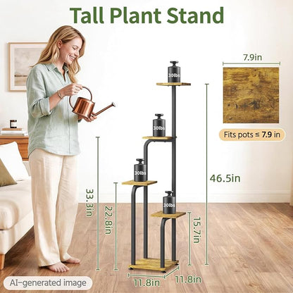 LASZOLA 5 Tiered Plant Stand Tall for Indoor Corner, Modern Multiple Flower Display Rack with Wooden Tray, Vertical Planter Shelf for Living Room Bedroom Patio Garden Balcony, Black Brown