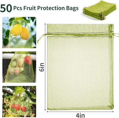 NIUBIER 50 Pcs Fruit Protection Bags, 4×6 in Green Fruit Nets for Fruit Tree, Drawstring Mesh Cover Bags to Protect Vegetables Tomato Strawberry Garden