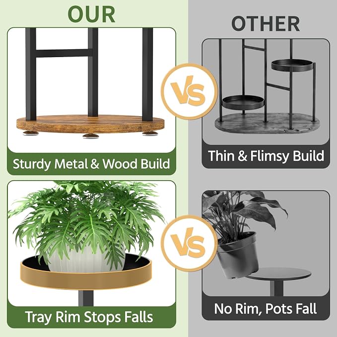 LASZOLA Plant Stand Indoor Corner with Grow Light, Heavy Duty 3 Tier Wooden Flower Holder Rack for Mutiple Plants, Planter Display Shelf for Patio Garden Balcony Living Room, Black