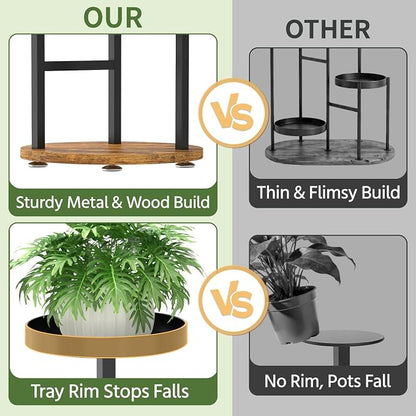 LASZOLA Plant Stand Indoor Corner with Grow Light, Heavy Duty 3 Tier Wooden Flower Holder Rack for Mutiple Plants, Planter Display Shelf for Patio Garden Balcony Living Room, Black
